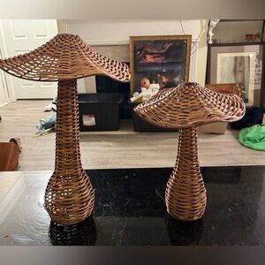 Vintage 1960s Wicker Mushroom Table Decor Pair